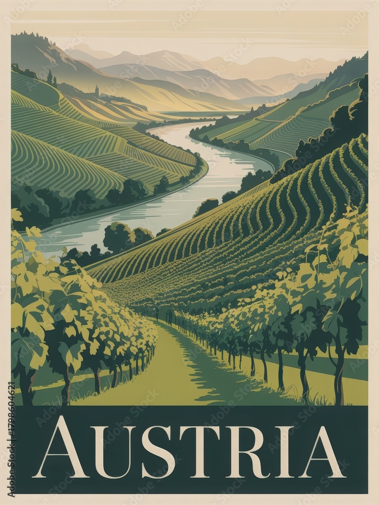Lush green vineyards stretch across rolling hills in Austria, bordered by a winding river. Mountains rise in the background under a clear sky, showcasing the beauty of nature in this serene landscape.