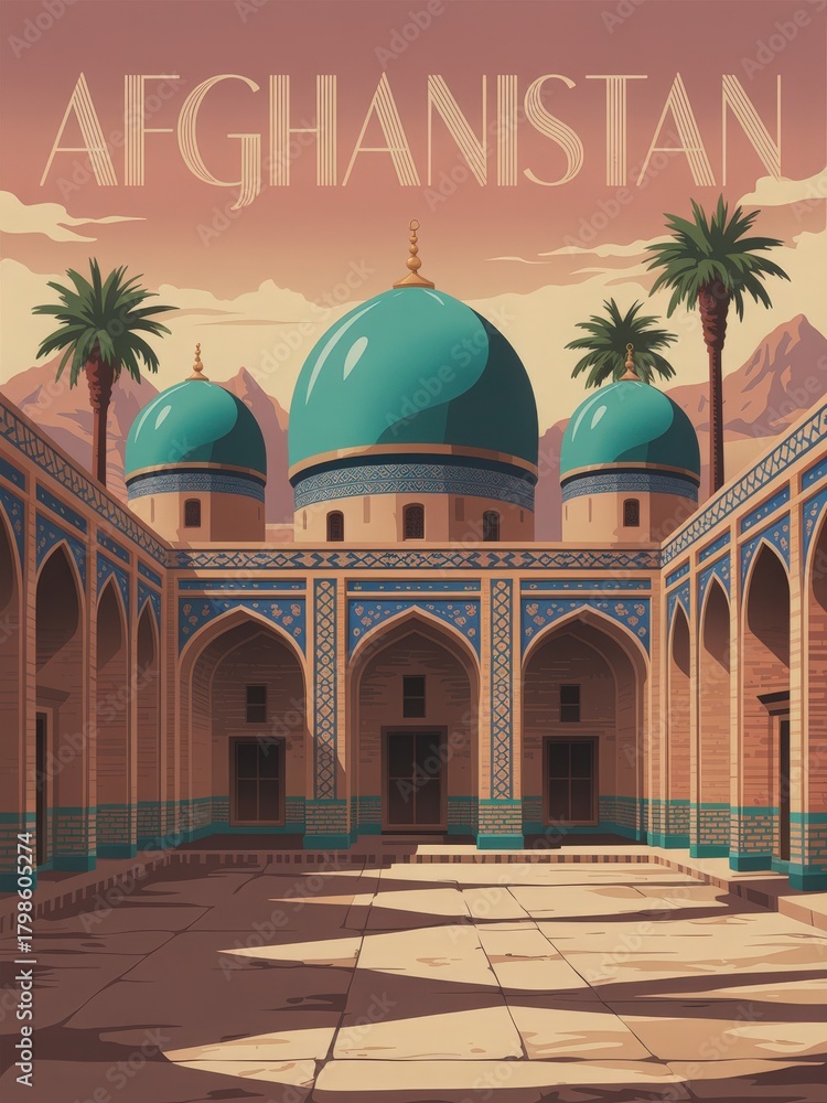 This scene showcases a beautiful courtyard in Afghanistan with stunning blue domes surrounded by palm trees. The warm sunset provides a golden light against the intricate architecture.