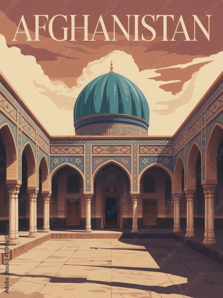 A vibrant courtyard features intricate architecture with a blue dome in Afghanistan. Arched doorways frame the serene space, offering a glimpse into cultural heritage and historical significance.