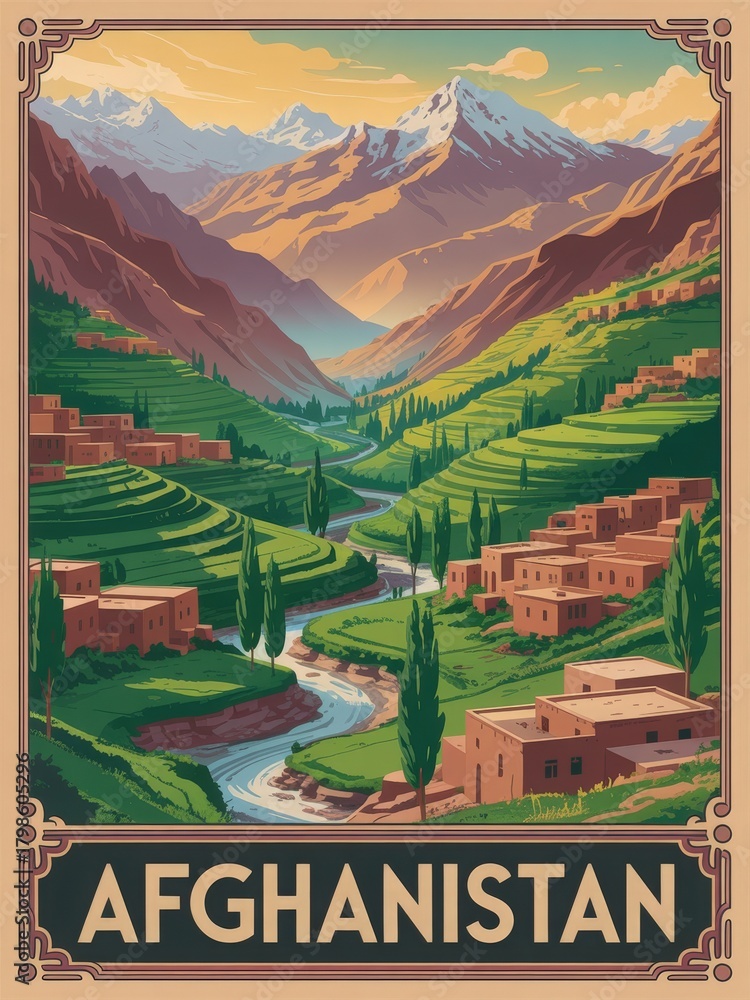 This scene features stunning mountains, green valleys, and quaint houses nestled along a serene river in Afghanistan. The rich colors highlight a peaceful and picturesque rural setting.