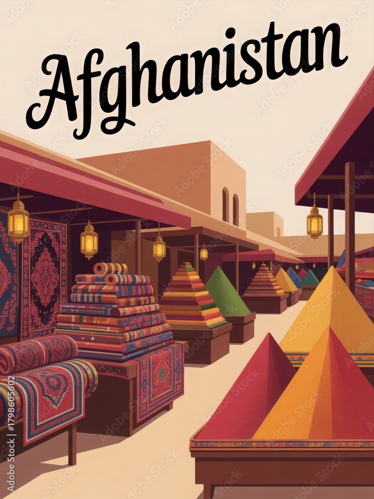 This scene depicts a bustling market in Afghanistan filled with vibrant textiles and decorative items.