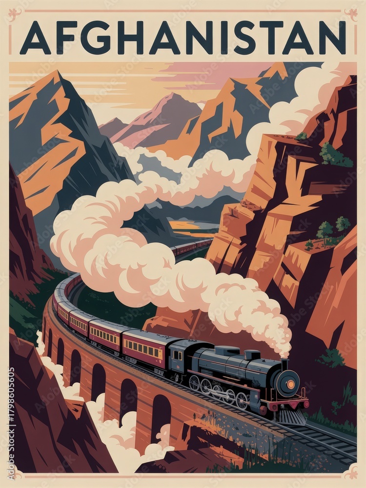 A vintage-style train travels along a winding track in Afghanistans mountains, surrounded by breathtaking landscapes. The scene captures the beauty of nature with rolling hills and dramatic peaks.