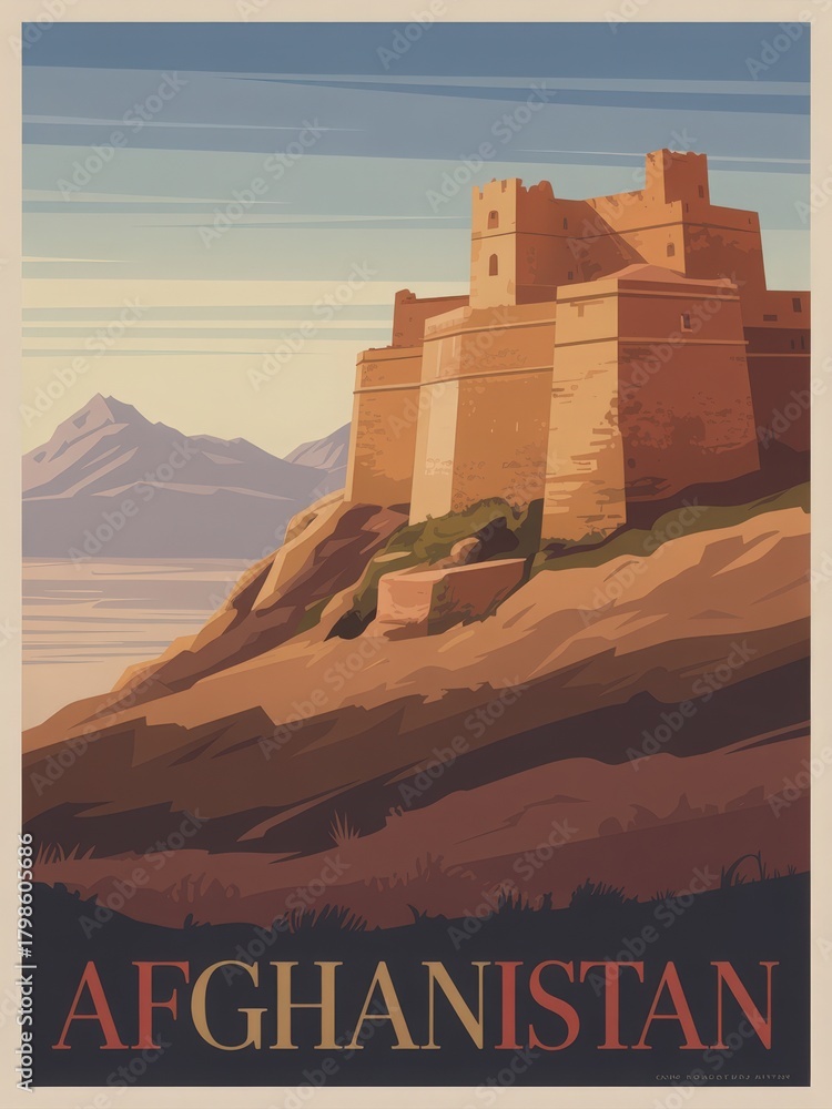 A grand fortress stands atop a rocky hill, surrounded by majestic mountains in Afghanistan. The sunset casts warm colors on the structure, creating a serene atmosphere.