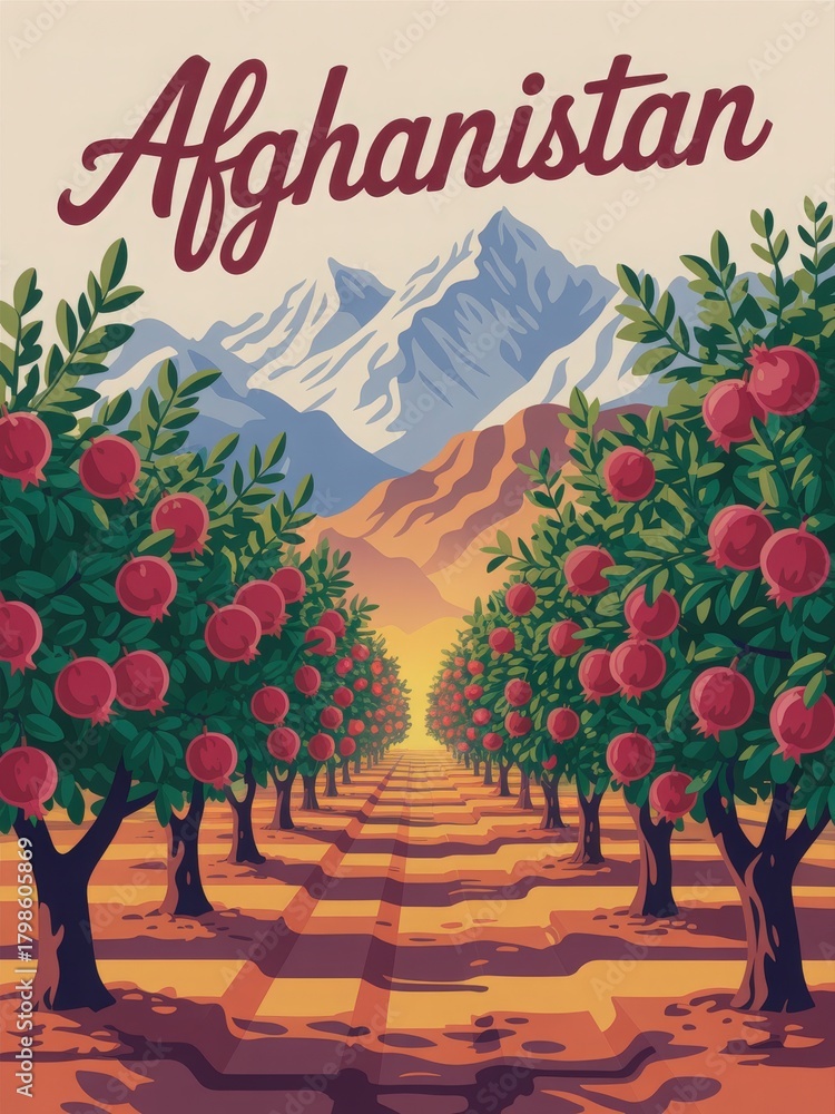 Rows of lush pomegranate trees filled with ripe red fruit stretch toward a distant mountain range. A warm sunset casts a golden glow over the landscape, creating a peaceful atmosphere.