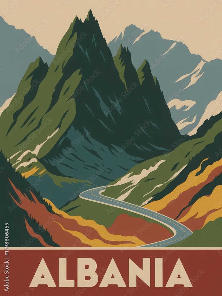 Majestic mountains tower over a winding road in Albania, showcasing vibrant colors of nature. The serene landscape features lush greenery and rocky peaks under a clear sky.