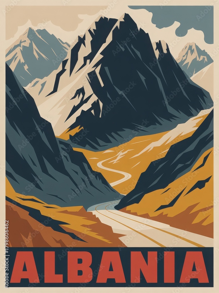 A stunning landscape in Albania showcases towering mountains under a blue sky. A winding road leads through the vibrant terrain, highlighting the natural beauty of the region.