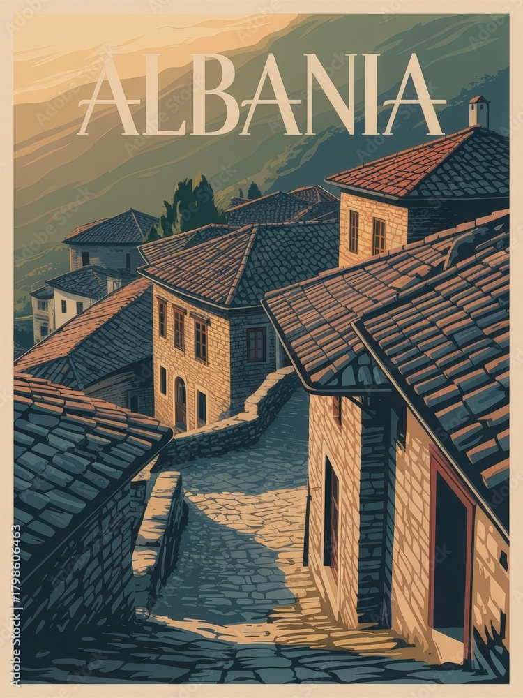 A beautiful hillside village in Albania showcases quaint stone houses under warm evening light.