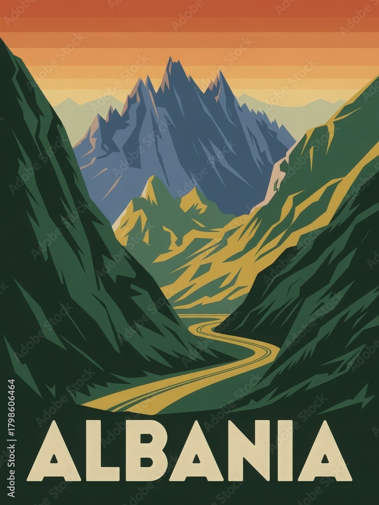 Majestic mountains rise in the background, embraced by green valleys and a winding road. The sky glows with warm sunset colors, creating a peaceful atmosphere in Albanias landscape.