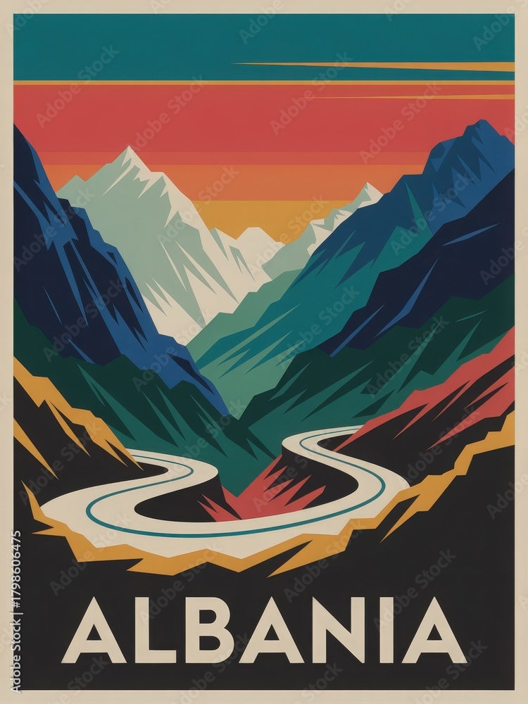 A winding road curves through majestic mountains in Albania as the sun sets, casting colorful hues across the sky. The landscape shows a blend of rich greens and rocky terrains under vibrant tones.