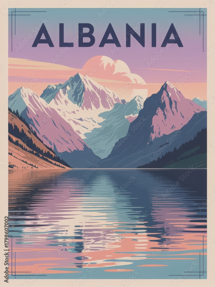 Scenic view of Albanian mountains reflected in a calm lake, showcasing vibrant colors at sunset. This picturesque landscape captures natures beauty and tranquility in the Alps.