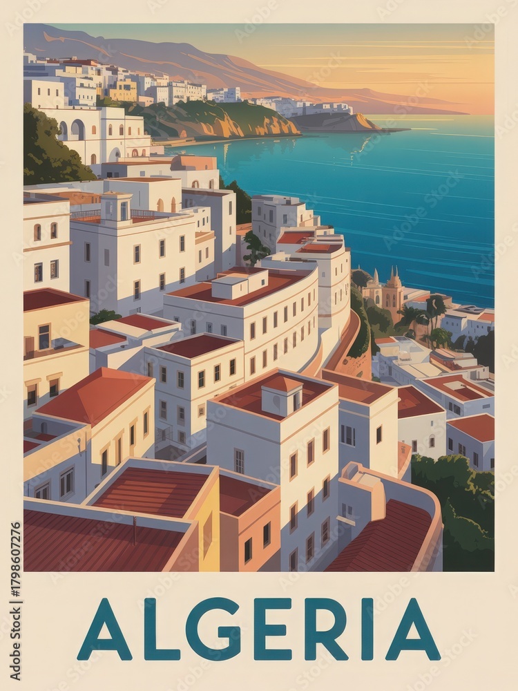 The image depicts a beautiful coastal scene in Algeria. White buildings line the hills, overlooking the ocean and mountains in the distance, showcasing a peaceful sunset atmosphere.