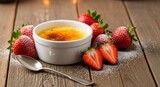 Creme Brulee dessert with fresh strawberries on a wooden table