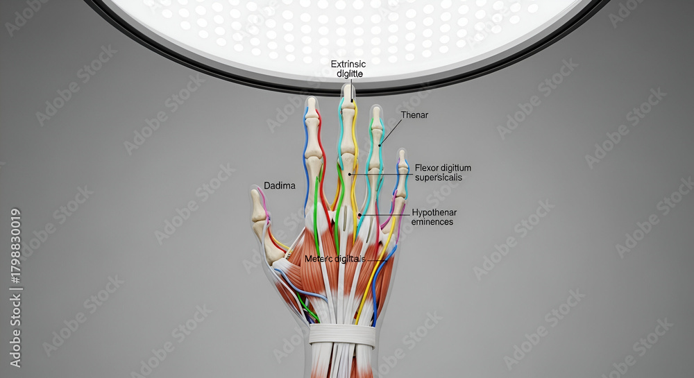 Anatomical Hand Illustration with Labeled Musculature and Skeletal ...