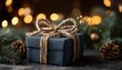 © BabyEyes - Dark blue wrapped present tied with rustic twine sits amongst holiday greenery and warm lights