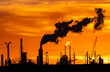 © Nantiya - oil refinery petrochemical plant oil gas and energy production with flare stack smoke pollution emission, chemical and polymer production engineering technology for climate change at sunset time