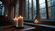 © Bussakon - Atmospheric gothic church interior with lit candles and ornate stained glass casting a warm glow evoking peace