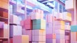 © PikePicture - Colorful pastel boxes stacking in modern warehouse shelving