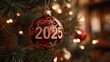 © Johannes - 2025 new year celebration ornament hanging on christmas tree with lights and celebration wishing invitation picture for new year