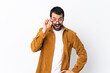 © luismolinero - Caucasian handsome man with beard wearing a corduroy jacket over isolated white background with glasses and surprised