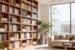 © Romi - Blur image of a beautifully designed home office featuring bookshelves filled with various books and adorned with vibrant indoor plants for an inviting reading experience.