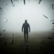 © banu - A mysterious lone figure walks through a desolate foggy landscape with a broken glass visual effect