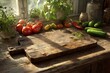 © kuchina - Rustic kitchen scene featuring fresh vegetables, herbs and a vintage wooden board set against a sunlit window, evokes a sense of natural abundance and culinary creativity.