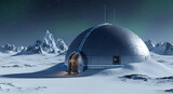 Futuristic research station nestled among snowy mountains, a beacon of innovation and exploration under a starlit sky, inviting viewers to imagine the possibilities of tomorrow