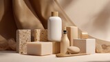 Cosmetic and beauty containers in beige tones arranged with natural textures and lighting