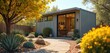 © miss irine - Modern tiny home accessory dwelling unit with sliding glass doors and large windows. Minimalist backyard garden landscaping features succulents and gravel path leading to prefab structure.