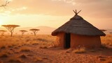 Traditional African mud hut with thatched roof sits on dry savanna land. Acacia trees spread across dusty plains. Warm golden sunset light bathes rural scene, ancient culture, traditional life, wild