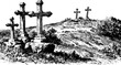 © Good moose - Cross and tombstone set on a grassy hill with a cemetery landscape. Black and white vintage style vector illustration.