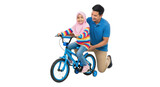 Asian father teaching daughter to ride bicycle with training wheels