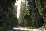 Skyscrapers covered in vines and vegetation, with nature growing through cracks in a reclaimed cityscape.