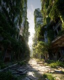 Skyscrapers covered in vines and vegetation, with nature growing through cracks in a reclaimed cityscape.