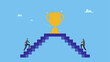 © Saklarboy - Businessman and businesswoman walk up stair compete to win trophy. Business competition, employee motivation to success, rivalry or conflict, contest or challenge to achieve target, effort.