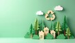© miss irine - Paper cut trees houses and recycling symbol on mint background illustrate eco friendly living. Sustainable community concept promoting environmental care and green energy.
