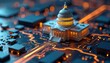 © miss irine - Futuristic digital circuit board with miniature government building model. Glowing orange lines show data flow, connections. Modern tech integration symbolizes advanced administration, future policy.