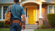 © miss irine - Worker with tool belt and bag walks towards house with yellow door. Man arrives for home repair or maintenance job. Professional contractor ready to work on residential building.