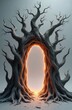 © miss irine - Twisted tree roots form glowing archway entrance. Mystical portal opens to bright light. Enchanted doorway evokes fantasy and magic. Surreal nature scene with arcane energy.