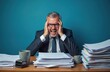 © miss irine - Middle aged man in suit screams at desk piled high with paperwork. Businessman clutches head, overwhelmed by stress, too much work. Employee feels extreme fatigue, overload, deadline pressure in