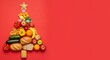© ON - Studio - Creative Christmas tree made of food on a red background. Festive holiday flat lay with fruits, vegetables, bread, and pasta. Healthy eating and food donation concept with copy space