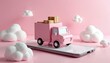 © miss irine - Pink toy truck with packages sits on smartphone screen. Stylized clouds float around. Represents online shopping, delivery, and logistics services in a digital world.