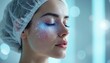 © miss irine - Young woman wears medical cap, on high tech facial scan. Blue glowing particles map skin. Beauty tech imagery shows advanced dermatology, aesthetic care, health, research. Modern innovation procedure.