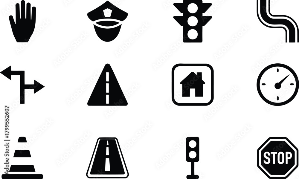 Traffic Safety Tips Icon Set of traffic and road safety icon. Black vector navigation, Stop ...