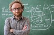 © GodNemesis Art Fanta - Intellectual in Academe: A scholarly figure stands confidently, gazing directly at the viewer with an inviting demeanor. The background is a chalkboard filled with complex equations.