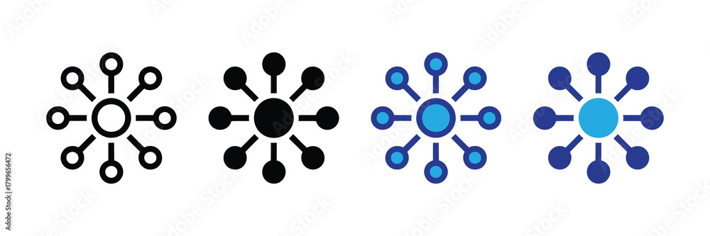 Central hub and spoke network connection diagram icon with variations ...