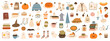 © Oleksandra Bezverkha - Big set of hand drawn cozy autumn elements. Cute sweater, knitting, candles, hot drink, pie, pumpkin spice latte, leaves. Comfortable lifestyle, winter and autumn mood. Vector flat illustration.