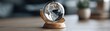 © JT Studio - A sleek, metallic globe sits on a wooden base, reflecting a modern workspace with a hint of greenery in the background.