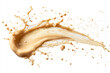 © Tohamina - A dynamic splash of creamy beige liquid creating an energetic arc with many suspended droplets on a white background