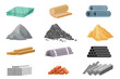© lembergvector - Building and renovation materials set. Pile of sand and stones, metal and wood blocks, roof piles and stack of steel pipes and brick, collection for construction site cartoon vector illustration